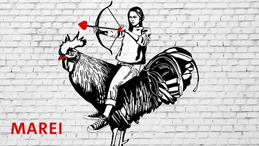 Titelbild der Original-Hörspielserie von Adi Unger. Marei reitet auf einem Hahn und hält Pfeil und Bogen in der Hand. | Bild: BR