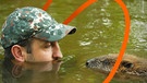 Ein Biber und ein Mensch schauen sich im Wasser treibend in die Augen | Bild: www.christian-kutschenreiter.de | Bearbeitung: BR