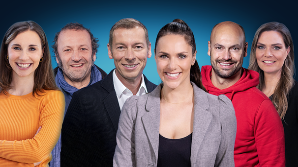 Hosts der BR-Sportredaktion (v.l.): Sina Wende, Schmidt Max, Markus Othmer, Esther Sedlaczek, André Siems, Julia Scharf | Bild: BR/Ralf Wilschewski/Markus Konvalin Hosts der BR-Sportredaktion (v.l.): Sina Wende, Schmidt Max, Markus Othmer, Esther Sedlaczek, André Siems, Julia Scharf | Bild: BR/Ralf Wilschewski/Markus Konvalin
